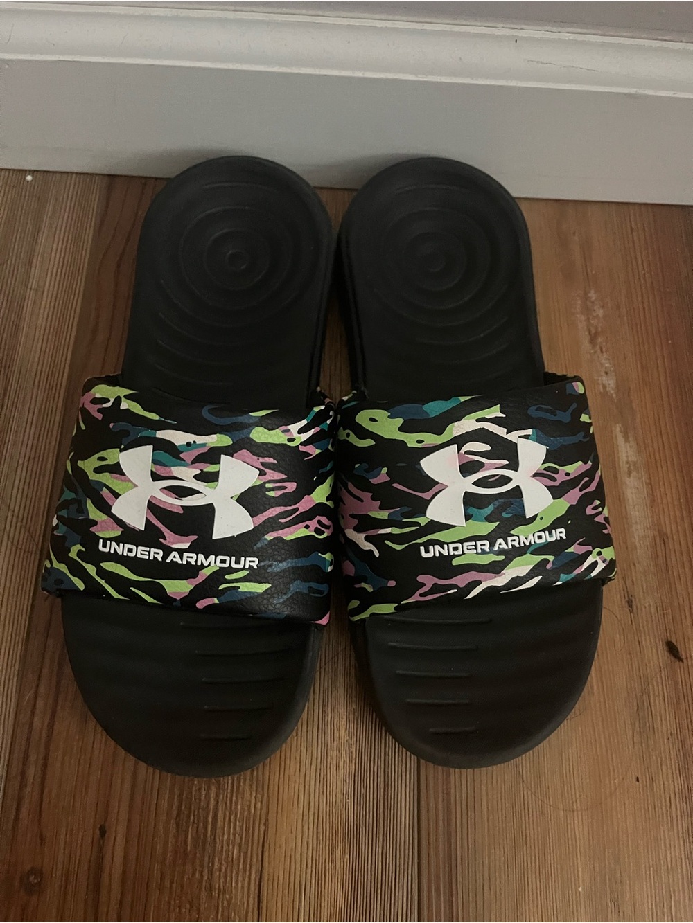 Under Armour Black Slides with Neon Camo Strap